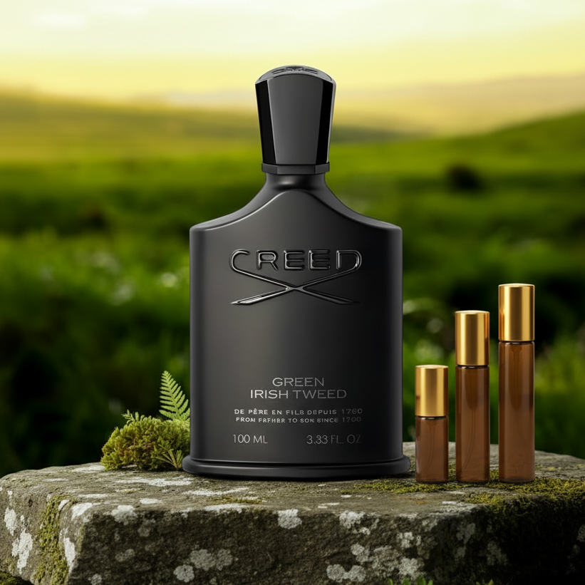 Creed Green Irish Tweed – Square, Bottle Left & Decants Right