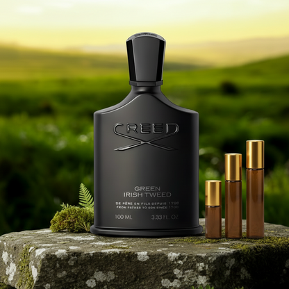 Creed Green Irish Tweed – Square, Bottle Left & Decants Right