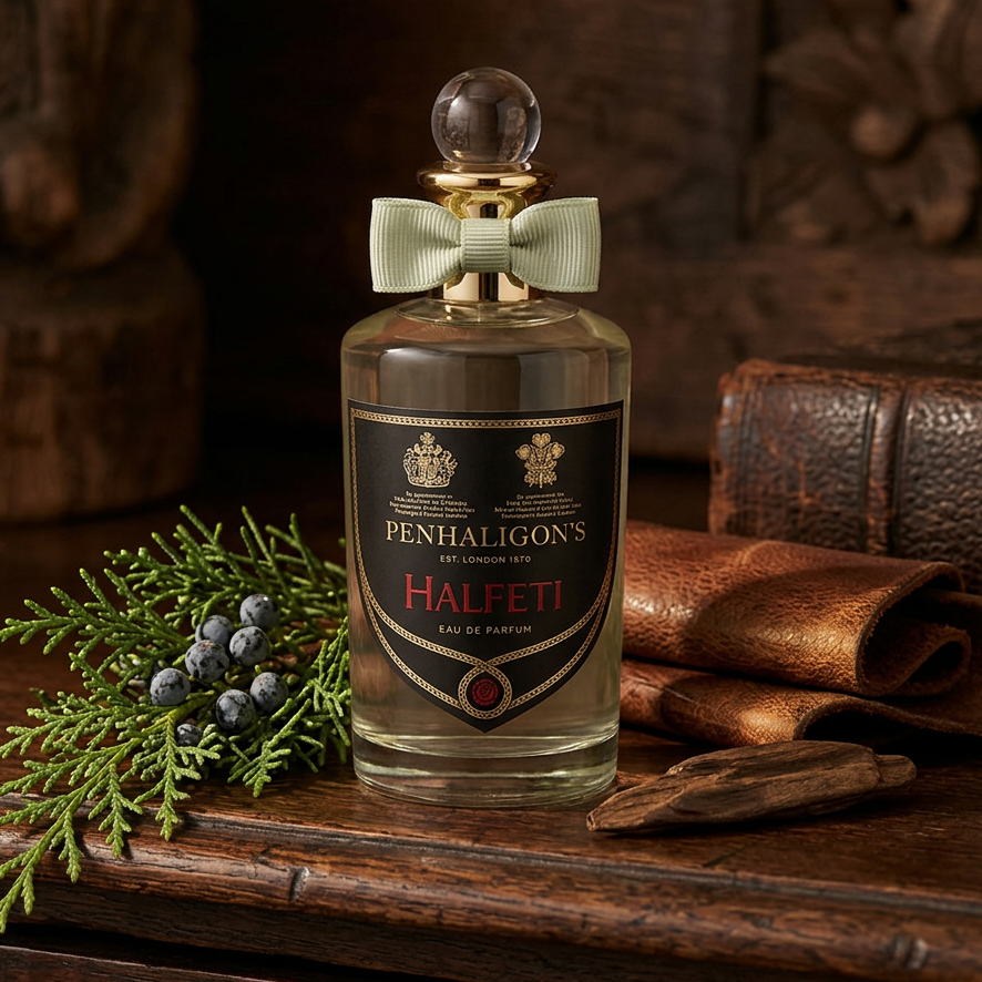 Halfeti lifestyle image with cypress, leather, and wood accents