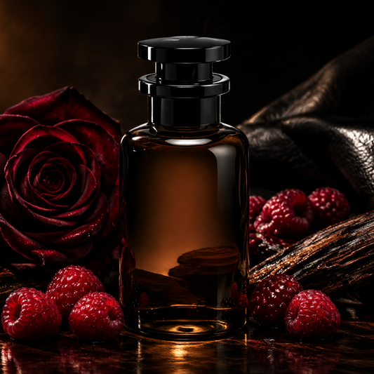 Nomade Nº02 bottle in a dark oud, leather, raspberry, and rose lifestyle scene